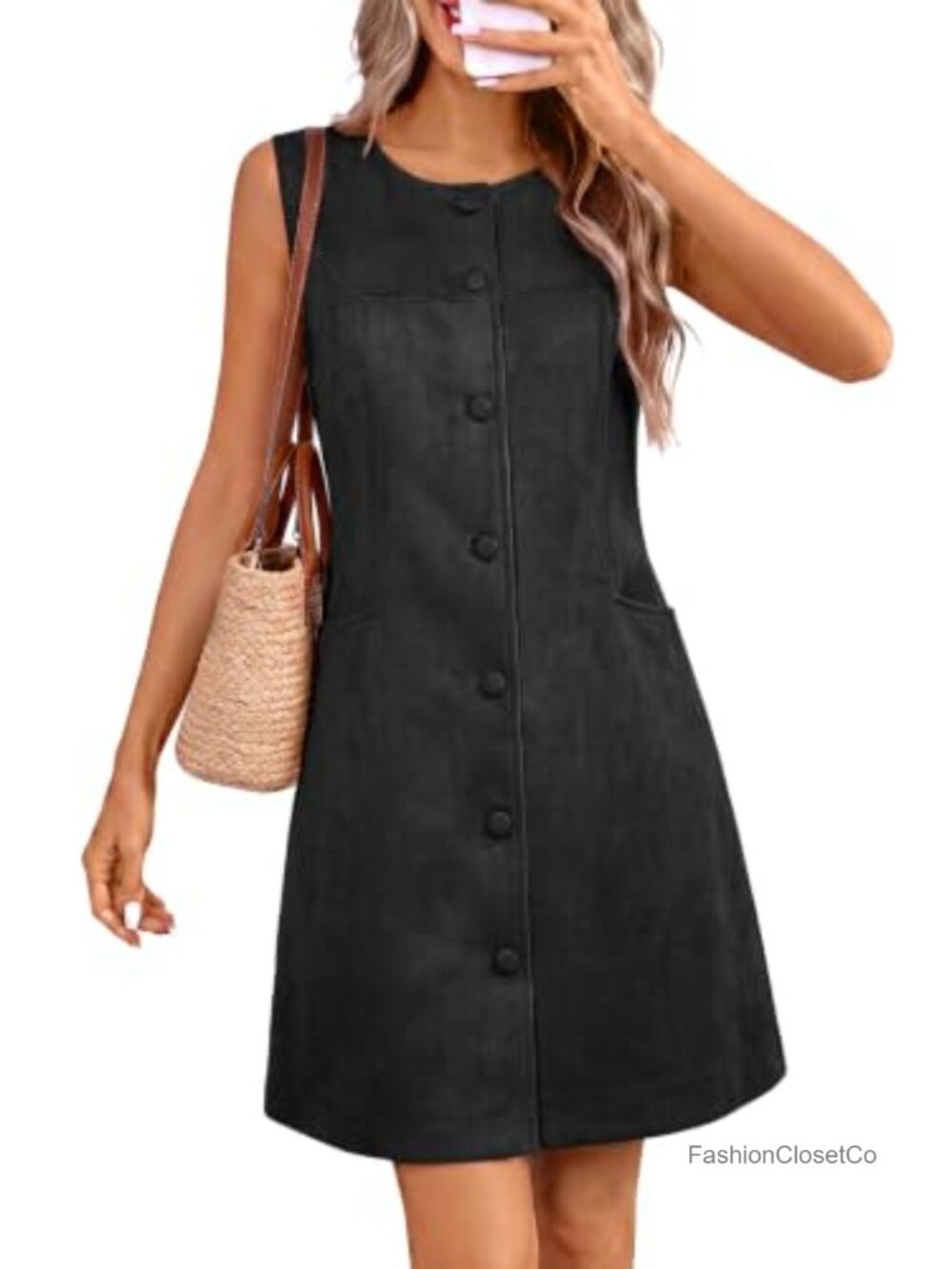 Faux Suede Pinafore Dress with Buttons and Pockets